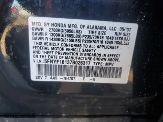 2007 Honda Pilot LX with VIN 5FNYF18137B026317, listed as a Copart auction lot 46458695 with 186,862 mi miles and Salvage Title. Bid and sale history available at carsss.com. Image 15.
