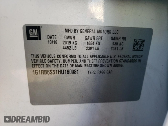 2017 Chevrolet Volt Premier with VIN 1G1RB6S51HU160981, listed as a Copart auction lot 38159153 with 107,530 mi miles. Bid and sale history available at carsss.com. Image 12.