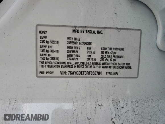 2024 Tesla Model Y Performance with VIN 7SAYGDEF3RF050704, listed as a Copart auction lot 45512455 with 15,539 mi miles and Salvage Title. Bid and sale history available at DreamBid. Image 14.