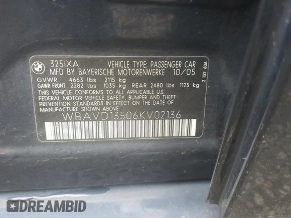 2006 BMW 3 Series 325xi with VIN WBAVD13506KV02136, listed as a Copart auction lot 51306015 with 191,868 mi miles and Salvage Title. Bid and sale history available at carsss.com. Image 12.