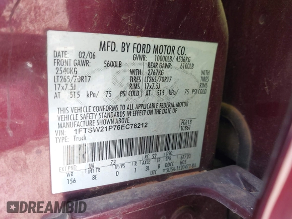 2006 Ford Super Duty F-250 XL with VIN 1FTSW21P76EC78212, listed as a IAAI auction lot 42076006 with 267,848 mi miles. Bid and sale history available at carsss.com. Image 9.