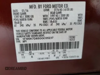 2016 Ford Explorer XLT with VIN 1FM5K7D85GGC05237, listed as a Copart auction lot 53132725 with 119,355 mi miles and Salvage Title. Bid and sale history available at carsss.com. Image 13.