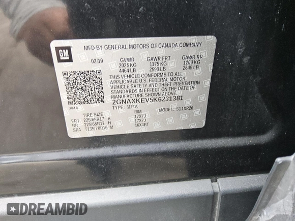 2019 Chevrolet Equinox LT with VIN 2GNAXKEV5K6231381, listed as a Copart auction lot 53091885 with 99,083 mi miles and Clean Title. Bid and sale history available at DreamBid. Image 13.