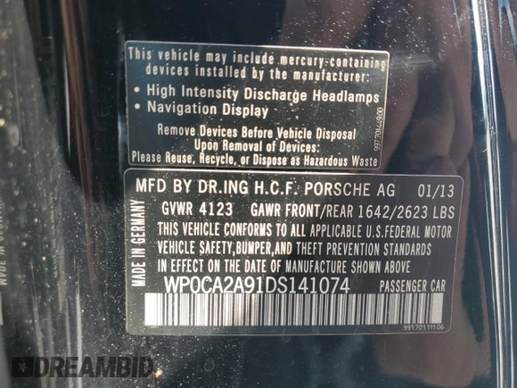 2013 Porsche 911 Carrera with VIN WP0CA2A91DS141074, listed as a Copart auction lot 50969085 with 40,627 mi miles and Salvage Title. Bid and sale history available at carsss.com. Image 13.