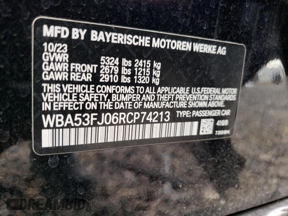 2024 BMW 5 Series 530i xDrive with VIN WBA53FJ06RCP74213, listed as a Copart auction lot 83316424 with 10,710 mi miles and Salvage Title. Bid and sale history available at carsss.com. Image 12.