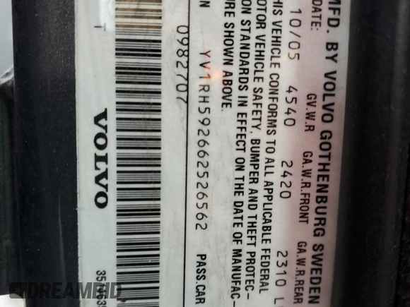 2006 Volvo S60 2.5L Turbo with VIN YV1RH592662526562, listed as a Copart auction lot 77672994 with 192,392 mi miles and Salvage Title. Bid and sale history available at carsss.com. Image 12.
