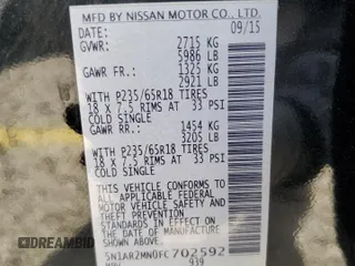2015 Nissan Pathfinder SV with VIN 5N1AR2MN0FC702592, listed as a Copart auction lot 51717035 with 114,368 mi miles and Salvage title. Bid and sale history available at DreamBid. Image 14.