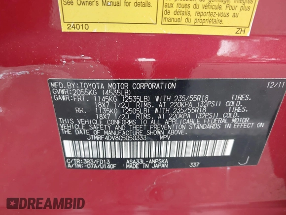 2012 Toyota RAV4 Sport with VIN JTMRF4DV8C5050333, listed as a IAAI auction lot 42606530 with 164,852 mi miles and . Bid and sale history available at DreamBid. Image 9.