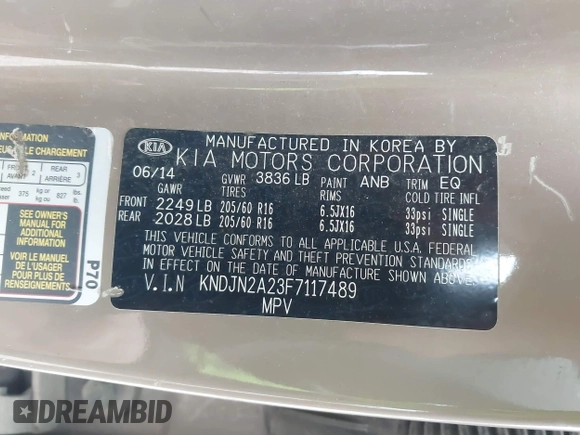 2015 Kia Soul with VIN KNDJN2A23F7117489, listed as a IAAI auction lot 42001717 with 171,816 mi miles and . Bid and sale history available at DreamBid. Image 9.