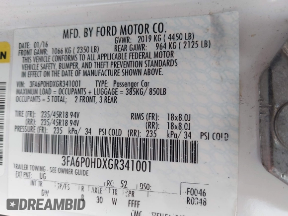 2016 Ford Fusion SE с VIN 3FA6P0HDXGR341001, выставлен на аукционе IAAI как лот 42220300 с пробегом 147 933 миль миль и . История ставок и продаж доступна на DreamBid. Изображение 9.