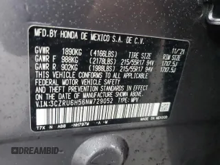 2022 Honda HR-V EX with VIN 3CZRU6H56NM729052, listed as a Copart auction lot 42861705 with 36,526 mi miles and Salvage Title. Bid and sale history available at DreamBid. Image 15.