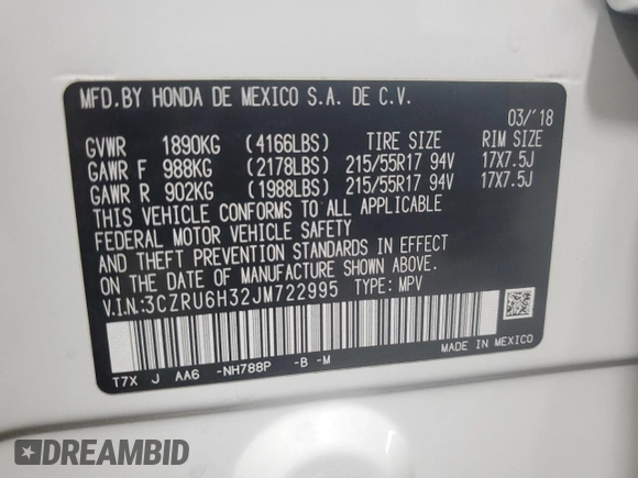 2018 Honda HR-V LX with VIN 3CZRU6H32JM722995, listed as a Copart auction lot 55169305 with 28,425 mi miles and Salvage Title. Bid and sale history available at carsss.com. Image 13.