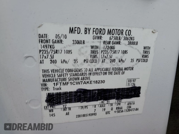 2010 Ford F-150 XL with VIN 1FTMF1CW6AKA22032, listed as a Copart auction lot 51822545 with Not provided miles and Non repairable. Bid and sale history available at DreamBid. Image 13.