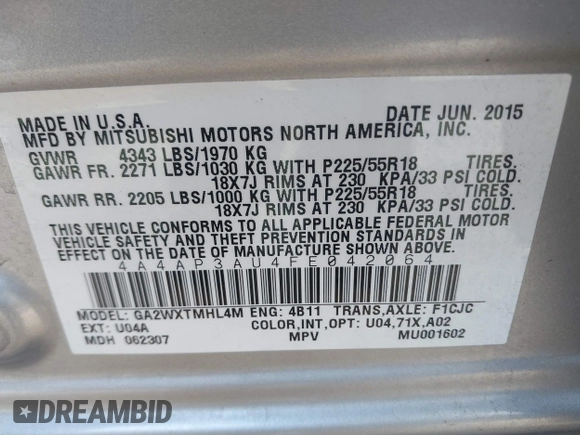 2015 Mitsubishi Outlander Sport ES with VIN 4A4AP3AU4FE042064, listed as a IAAI auction lot 40477211 with 117,890 mi miles. Bid and sale history available at carsss.com. Image 9.