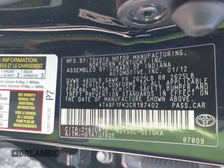 2012 Toyota Camry L with VIN 4T4BF1FK3CR187402, listed as a IAAI auction lot 41881460 with 73,057 mi miles. Bid and sale history available at carsss.com. Image 9.