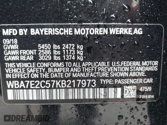 2019 BMW 7 Series 740i with VIN WBA7E2C57KB217973, listed as a IAAI auction lot 39064321 with 54,818 mi miles and . Bid and sale history available at DreamBid. Image 9.
