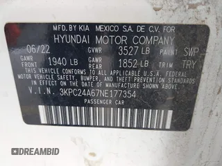 2022 Hyundai Accent SE with VIN 3KPC24A67NE177354, listed as a IAAI auction lot 42255732 with 30,969 mi miles and . Bid and sale history available at DreamBid. Image 9.
