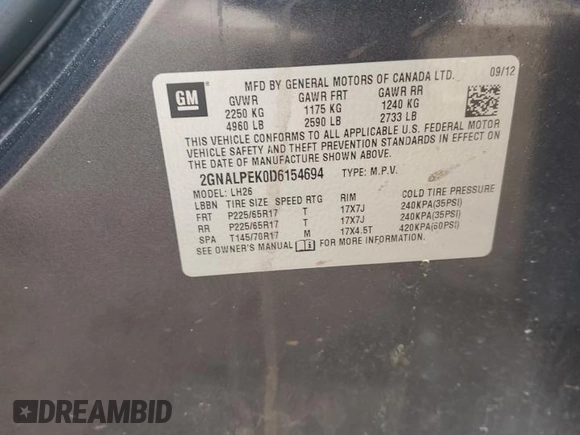 2013 Chevrolet Equinox LT z VIN 2GNALPEK0D6154694, wystawiony jako Copart lot #57343835 z przebiegiem 130 796 mil mil oraz Czysty tytuł • Clean title. Historia ofert i sprzedaży dostępna na DreamBid. Obrazek 13.