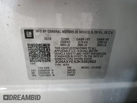 2019 Chevrolet Equinox Premier z VIN 3GNAXYEX3KS592663, wystawiony jako Copart lot #59635385 z przebiegiem 70 575 mil mil oraz Szkoda całkowita • Salvage title. Historia ofert i sprzedaży dostępna na DreamBid. Obrazek 14.