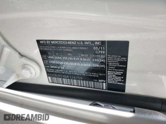 2011 Mercedes-Benz R 350 with VIN 4JGCB2FEXBA128759, listed as a Copart auction lot 74348994 with 116,892 mi miles and Salvage title. Bid and sale history available at DreamBid. Image 14.