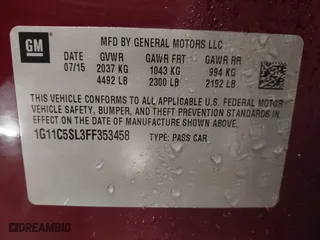 2015 Chevrolet Malibu LT with VIN 1G11C5SL3FF353458, listed as a IAAI auction lot 41611680 with 78,372 mi miles. Bid and sale history available at carsss.com. Image 9.
