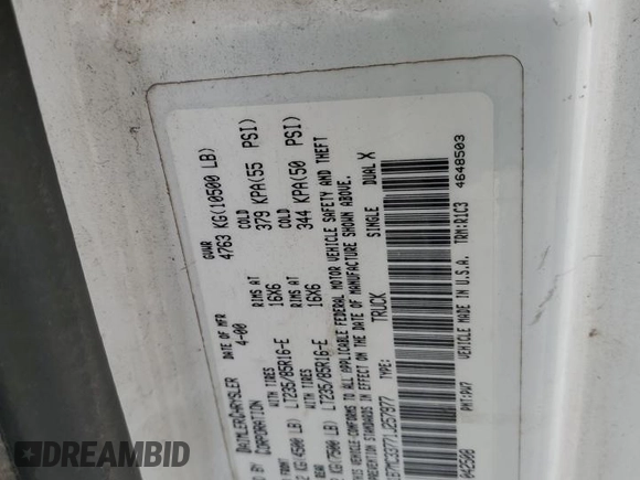 2001 Dodge 3500 z VIN 1B7MC33771J257977, wystawiony jako Copart lot #57947454 z przebiegiem 329 593 mil mil oraz Szkoda całkowita • Salvage title. Historia ofert i sprzedaży dostępna na DreamBid. Obrazek 12.