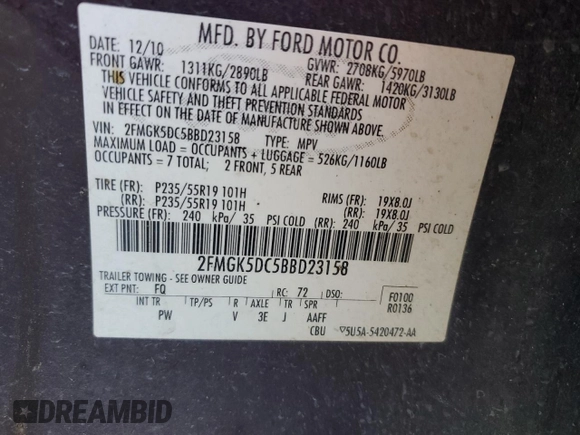 2011 Ford Flex Limited with VIN 2FMGK5DC5BBD23158, listed as a Copart auction lot 46337535 with 0 mi miles and Clean Title. Bid and sale history available at carsss.com. Image 13.