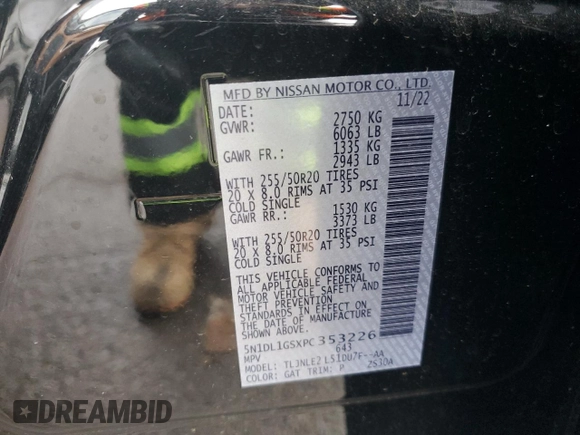 2023 Infiniti QX60 Sensory with VIN 5N1DL1GSXPC353226, listed as a Copart auction lot 44150355 with 17,125 mi miles and Salvage title. Bid and sale history available at DreamBid. Image 12.