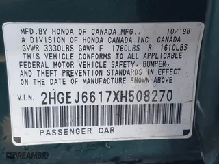 1999 Honda Civic VP with VIN 2HGEJ6617XH508270, listed as a IAAI auction lot 41319879 with 119,549 mi miles. Bid and sale history available at carsss.com. Image 9.
