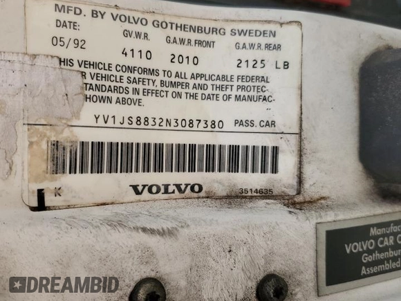 1992 Volvo 900 GLS с VIN YV1JS8832N3087380, выставлен на аукционе Copart как лот 85488914 с пробегом 307 015 миль миль и Списание • Salvage title. История ставок и продаж доступна на DreamBid. Изображение 14.