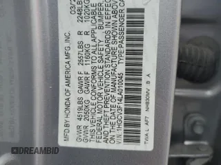 2020 Honda Accord with VIN 1HGCV3F14LA010045, listed as a Copart auction lot 50353075 with 70,779 mi miles and Salvage Title. Bid and sale history available at DreamBid. Image 13.