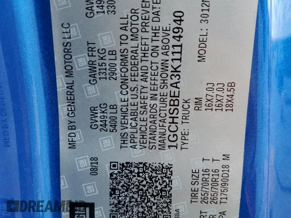 2019 Chevrolet Colorado 2WD Work Truck z VIN 1GCHSBEA3K1114940, wystawiony jako Copart lot #57043235 z przebiegiem 48 198 mil mil oraz Nie do naprawy • Non repairable. Historia ofert i sprzedaży dostępna na DreamBid. Obrazek 12.