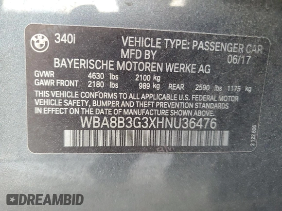 2017 BMW 3 Series 340i with VIN WBA8B3G3XHNU36476, listed as a Copart auction lot 78857604 with 68,006 mi miles and Salvage Title. Bid and sale history available at carsss.com. Image 15.