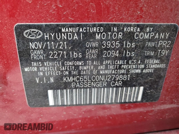 2022 Hyundai Ioniq Blue with VIN KMHC65LC0NU279881, listed as a Copart auction lot 51568455 with 34,248 mi miles and Salvage Title. Bid and sale history available at DreamBid. Image 12.