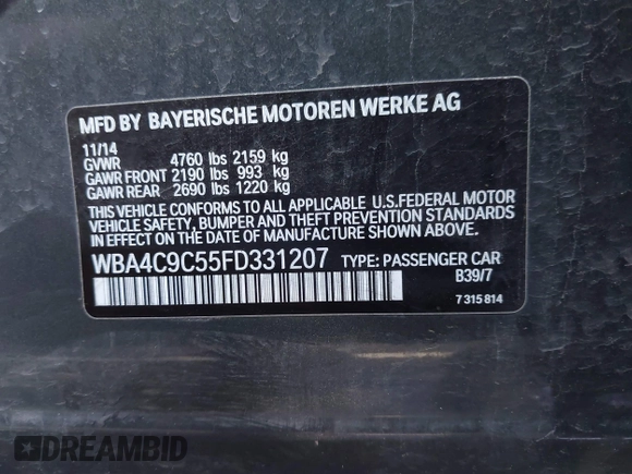 2015 BMW 4 Series 428i xDrive with VIN WBA4C9C55FD331207, listed as a IAAI auction lot 41636906 with 131,306 mi miles and . Bid and sale history available at DreamBid. Image 9.
