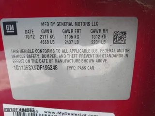 2013 Chevrolet Malibu LTZ with VIN 1G11J5SX9DF196248, listed as a IAAI auction lot 41994202 with 181,767 mi miles. Bid and sale history available at carsss.com. Image 9.