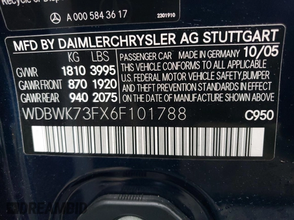 2006 Mercedes-Benz SLK-Class 5.5L AMG with VIN WDBWK73FX6F101788, listed as a Copart auction lot 86853414 with 51,995 mi miles and Salvage Title. Bid and sale history available at carsss.com. Image 12.