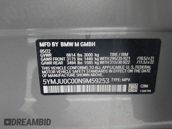 2022 BMW X5 M with VIN 5YMJU0C00N9M59253, listed as a IAAI auction lot 41476833 with 27,813 mi miles. Bid and sale history available at carsss.com. Image 9.