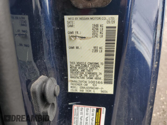 2010 Nissan Altima 2.5 S with VIN 1N4AL2EP7AC100566, listed as a Copart auction lot 51516255 with 128,036 mi miles and Salvage Title. Bid and sale history available at carsss.com. Image 12.