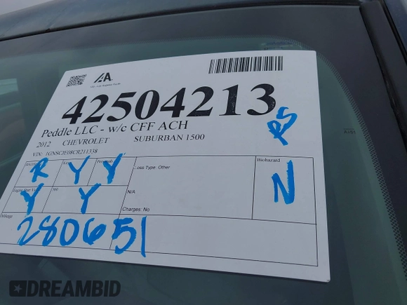 2012 Chevrolet Suburban LT with VIN 1GNSCJE08CR211338, listed as a IAAI auction lot 42504213 with 280,651 mi miles and . Bid and sale history available at DreamBid. Image 17.
