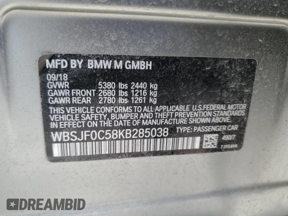 2019 BMW M5 Competition z VIN WBSJF0C58KB285038, wystawiony jako Copart lot #80848684 z przebiegiem 70 304 mil mil oraz Szkoda całkowita • Salvage title. Historia ofert i sprzedaży dostępna na DreamBid. Obrazek 14.