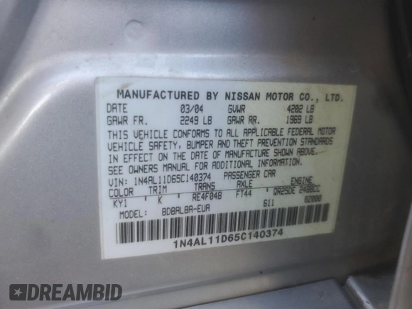 2005 Nissan Altima 2.5 S with VIN 1N4AL11D65C140374, listed as a Copart auction lot 50386645 with 266,260 mi miles and Salvage Title. Bid and sale history available at carsss.com. Image 14.
