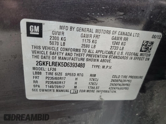 2013 GMC Terrain SLE with VIN 2GKFLREK5D6393480, listed as a Copart auction lot 50374415 with 104,245 mi miles and Salvage Title. Bid and sale history available at carsss.com. Image 13.