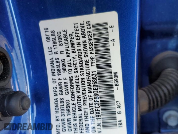 2016 Honda Civic LX with VIN 19XFC2F58GE068631, listed as a Copart auction lot 42417665 with 109,305 mi miles and Salvage Title. Bid and sale history available at carsss.com. Image 12.
