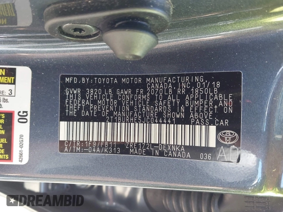 2018 Toyota Corolla L with VIN 2T1BURHE5JC044441, listed as a IAAI auction lot 42244017 with Not provided miles and . Bid and sale history available at DreamBid. Image 9.