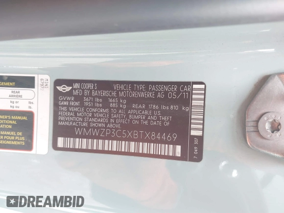 2011 MINI Convertible S с VIN WMWZP3C5XBTX84469, выставлен на аукционе IAAI как лот 41738707 с пробегом 77 464 миль миль и . История ставок и продаж доступна на DreamBid. Изображение 9.