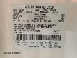 2009 Ford F-150 XL with VIN 1FTPX14V49FA89619, listed as a Copart auction lot 51645825 with 225,219 mi miles and Salvage Title. Bid and sale history available at carsss.com. Image 12.