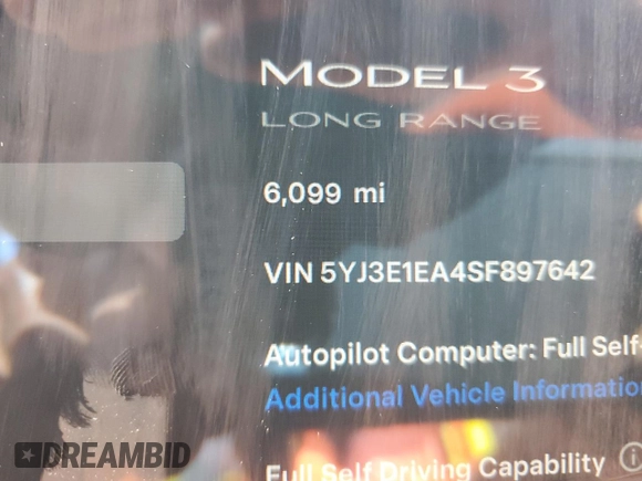 2025 Tesla Model 3 Long Range with VIN 5YJ3E1EA4SF897642, listed as a Copart auction lot 55498795 with 6,099 mi miles and Salvage title. Bid and sale history available at DreamBid. Image 9.