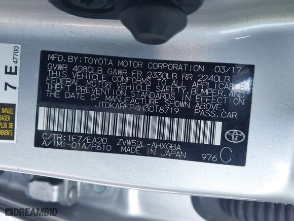 2017 Toyota Prius Prime Plus with VIN JTDKARFP4H3018719, listed as a IAAI auction lot 41543427 with NaN miles. Bid and sale history available at carsss.com. Image 9.