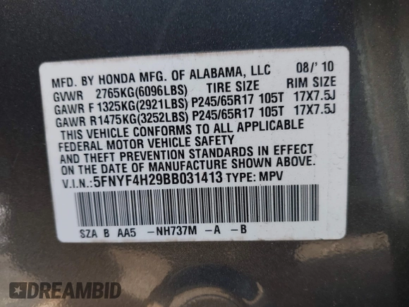 2011 Honda Pilot LX with VIN 5FNYF4H29BB031413, listed as a IAAI auction lot 42141970 with Not Provided miles and . Bid and sale history available at DreamBid. Image 9.